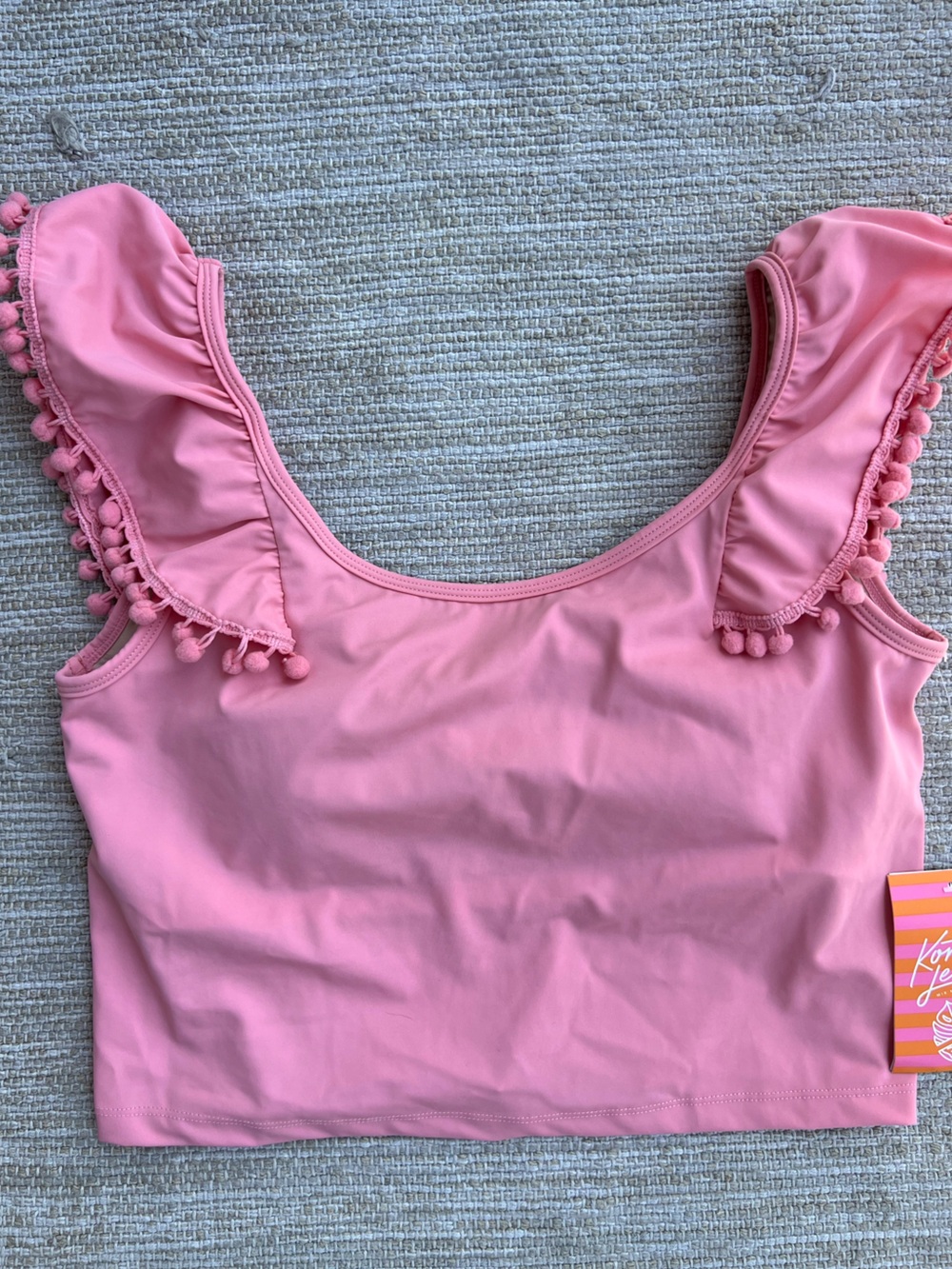 Kortni Jeane Pink Crop Ruffle Pom-Pom Shoulder Accent Swim Top size XL
